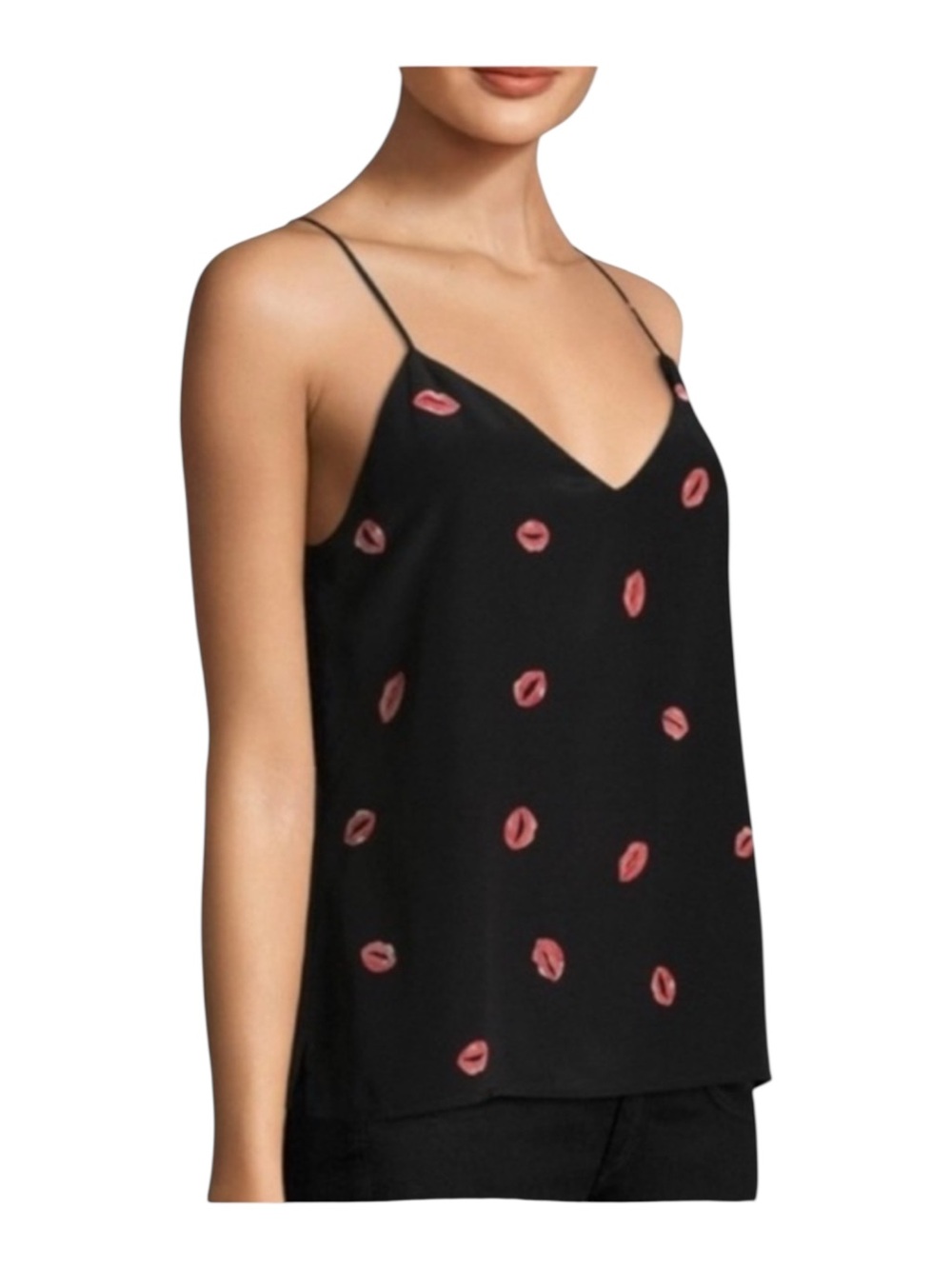 L'AGENCE Jane Camisole Black Silk Spaghetti-Strap Pink Lip Motif Sz SP - Picture 3 of 11